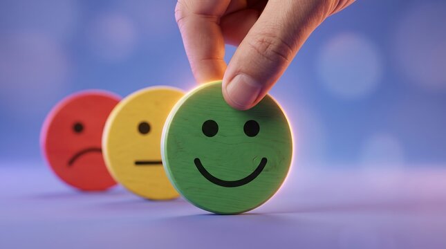 Human hand selecting green happy smiley face wooden token from line of sad and neutral expressions representing customer service feedback and sentiment analysis in professional business