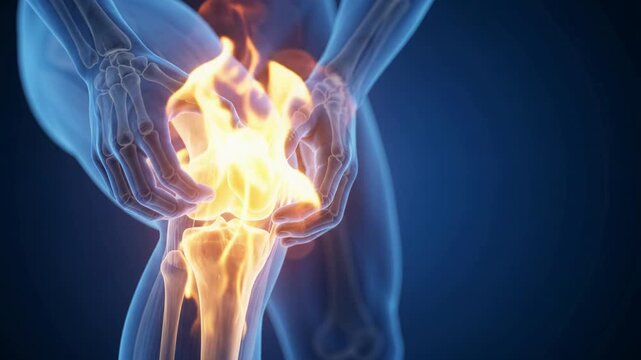 3D medical illustration of a human knee joint with the patella highlighted in orange to show pain or inflammation.