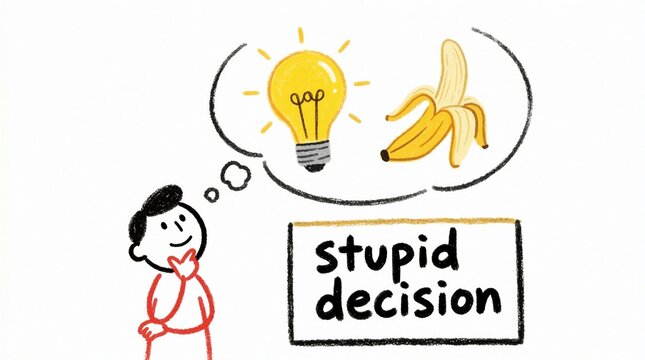 Man thinks about choice between lightbulb, banana. Person compares smart idea with silly mistake in thought bubble. Cartoon illustration about making stupid decision choosing wrong option. Funny