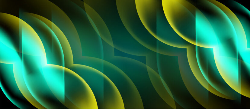Abstract design features flowing shapes, vibrant teal, gold hues. Dark background emphasizes luminous curves, creating dynamic visual effect.