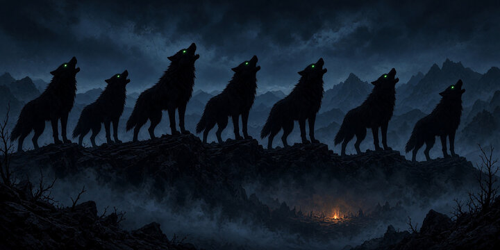 Silhouette of a wolf pack howling on a mountain ridge at night. Cinematic dark fantasy scene with glowing green eyes and fog