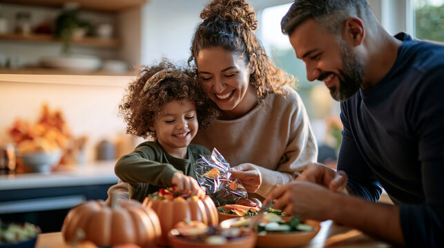 A cheerful family prepares a safe Halloween celebration at home, parents inspecting wrapped candies and arranging healthy treats in pumpkin bowls, cozy autumn kitchen, natural