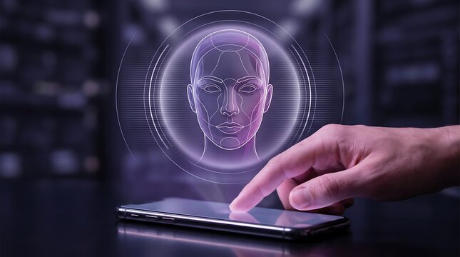 Human hand touching smartphone screen displaying advanced biometric facial recognition interface with purple glowing 3D head model for secure digital identity and authentication system