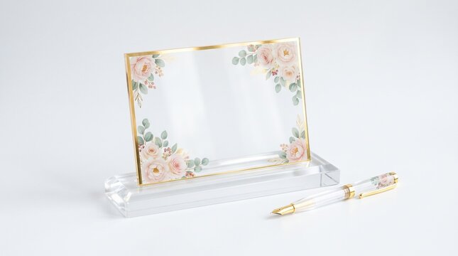 acrylic nikah signing card with delicate floral decorations and transparent design, isolated on a clean white background for Muslim wedding ceremonies, invitations, decor and keepsakes.