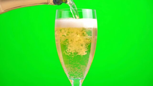 Champagne pouring into a glass with fizz and bubbles on green screen