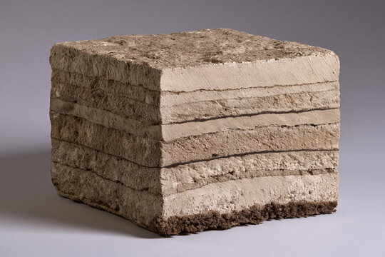 Sawn cube of layered earth material showing horizontal strata on a plain surface