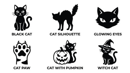Obraz premium Collection of various spooky black cat icons for festive halloween design projects featuring different cute poses