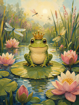 Gouache illustration of a cute frog prince wearing a golden crown on a water lily pad. Fairy tale children book art in a pond with dragonflies