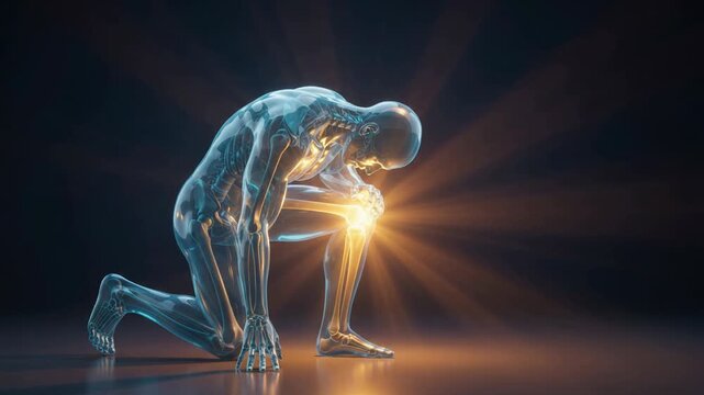 3D animation of a glowing blue translucent human figure kneeling, showcasing the internal skeletal and muscular system.