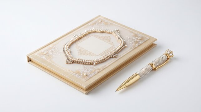 Ivory nikah signing card and matching pen with gold details, isolated on a white background for Muslim wedding ceremonies, marriage stationery, invitations and keepsakes design set