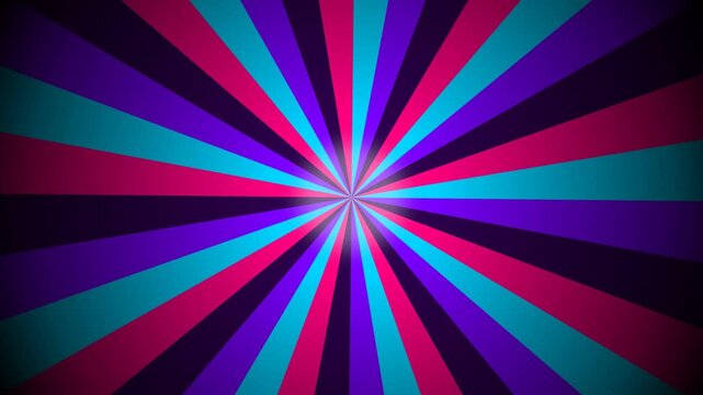 Vibrant colorful radial stripes expanding outward from a glowing center in a dynamic retro pattern.