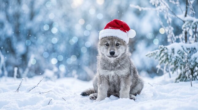 Christmas wolf puppy wearing a Santa hat sitting in a snowy forest with winter bokeh background