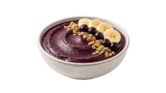 Acai smoothie bowl with banana, berries, isolated on transparent background