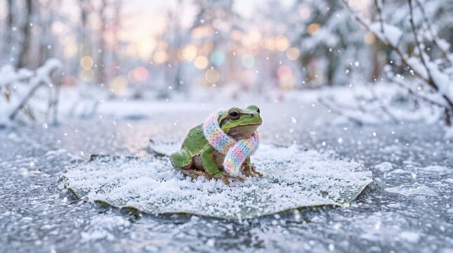 Small green frog wearing a knitted scarf sitting on a snowy lily pad in a winter forest setting