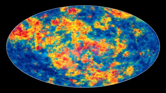 Celestial map showing cosmic microwave background radiation with vibrant color gradients across the universe