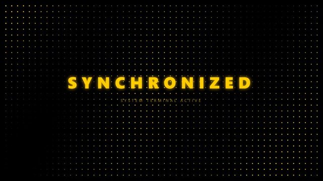 Dark geometric background featuring synchronized yellow typography set over a patterned grid.