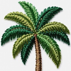Fototapeta premium Embroidered palm tree patch with vibrant green leaves, brown trunk. Detailed hand made tropical plant embroidery on white background. Exotic summer foliage craft icon for fashion apparel, travel