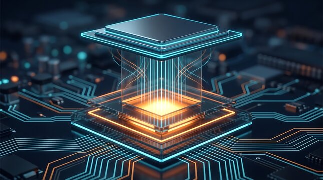 Advanced processor chip hovering above complex circuit board with glowing blue and orange light streams for high performance computing artificial intelligence and modern semiconductor engineering