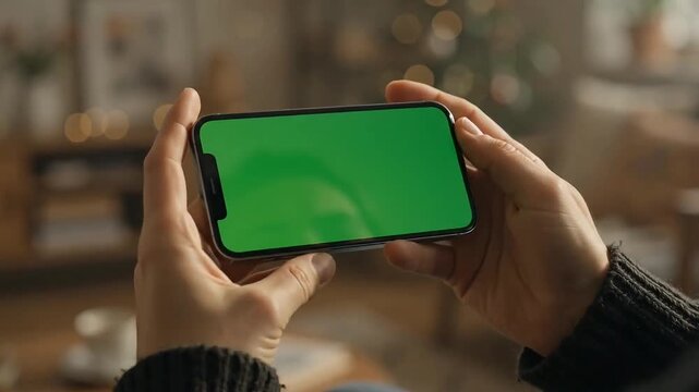 Smartphone horizontal green screen held by hands in cozy room interior video clip