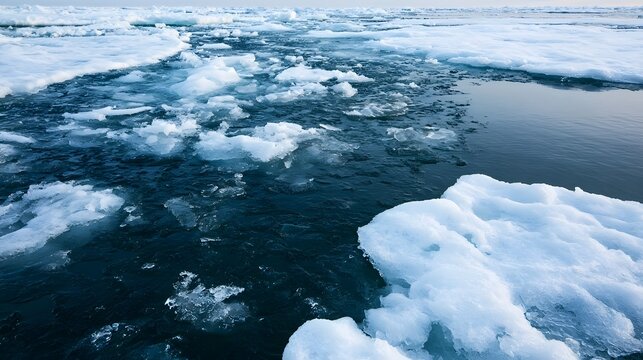 A wide view of fragmented sea ice floating on dark blue water under a pale sky  showing natural polar conditions