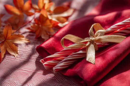 Red and white striped candy sticks tied with a gold ribbon on folded red silk cloth with autumn maple leaves