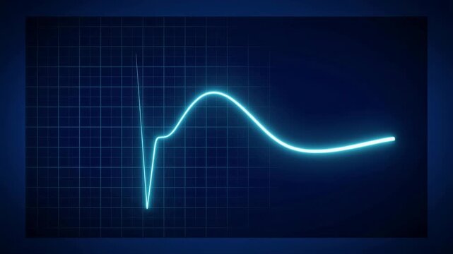 Neon blue heart rate monitor showing a flatline on a dark grid background video clip