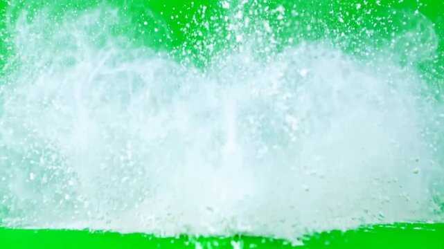 White flour powder explosion bursting outward on green screen