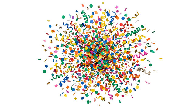 Colorful confetti and streamers exploding isolated on transparent background