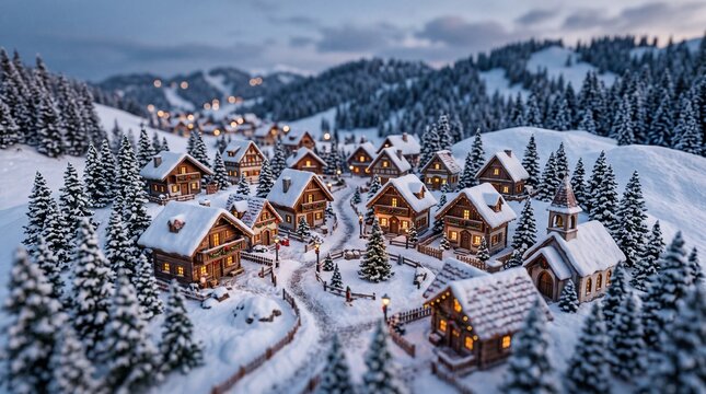 Charming tilt-shift miniature winter landscape of a cozy snowy village with glowing chalets, church, and pine trees in the mountains during twilight.