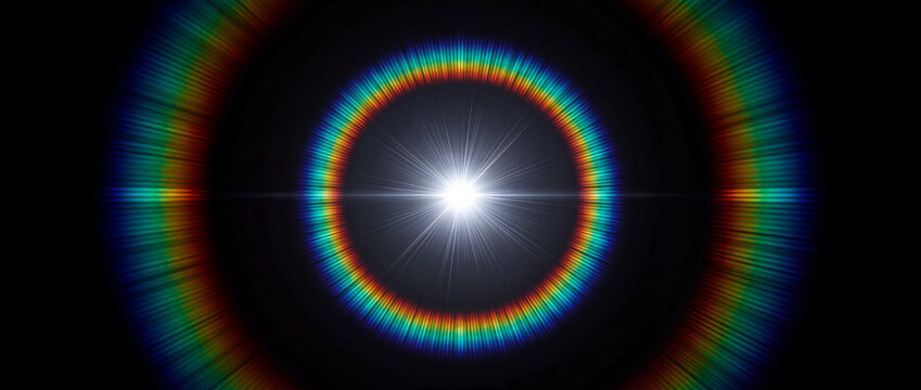 Lens flare with rainbow circular halo and central light burst on dark background, creating vivid prismatic spectral diffraction effects for cinematic overlay and graphic banner design