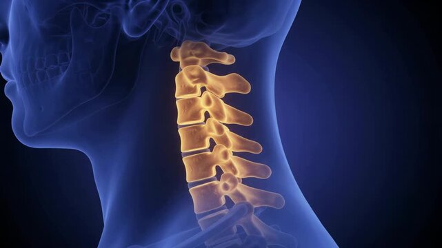 3D medical animation of the human cervical spine highlighted in orange within a blue translucent neck silhouette, illustrating anatomy and spinal health.
