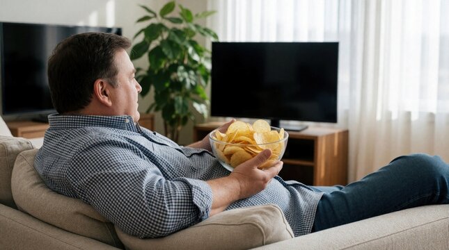 Overweight man sits on sofa eating potato chips watching TV at home. Large bowl of junk food in hands. Sedentary lifestyle, unhealthy eating habits lead to obesity, weight gain in living room. Man