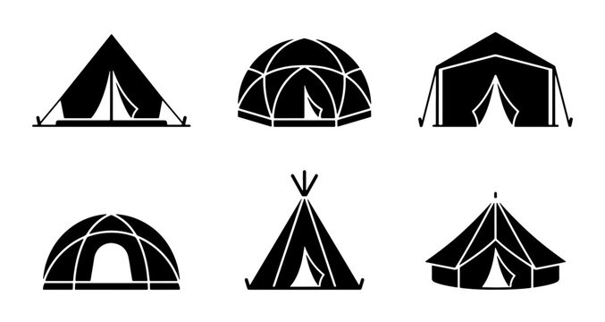 Tent icons set with camping, teepee, dome and marquee for outdoor travel and leisure