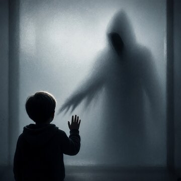 Child Facing Shadowy Hooded Figure Behind Frosted Glass