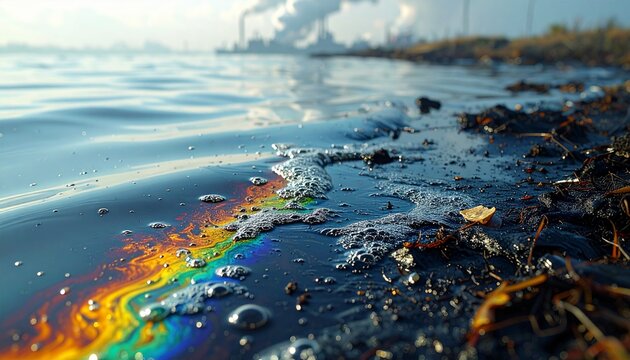An oil slick creates iridescent rainbow patterns on the surface of polluted water near a.