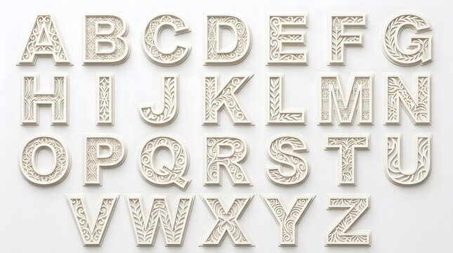 A beautifully elegant set of three dimensional alphabet letters displayed in sequential order from a to z upon a soft and neutral colored background for