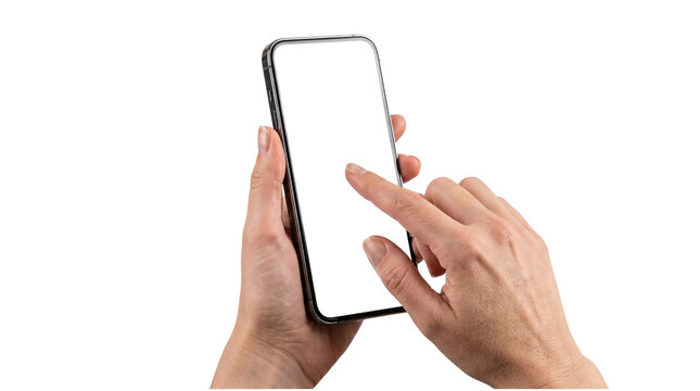 Hands holding a smartphone with a blank isolated on transparent background