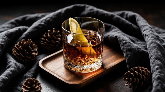 Close up of whiskey cocktail with lemon zest garnish in crystal glass. Amber spirit sits on wooden tray with pine cones. Dark grey cloth drapes around drink on rustic table. Moody winter atmosphere