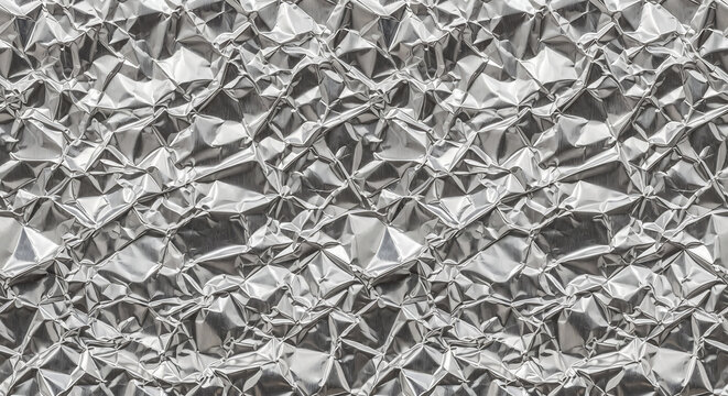 Crinkled Aluminum Foil Texture: A close-up shot showcases the intricate, crumpled texture of a silver aluminum foil, creating a captivating abstract background with a metallic sheen.