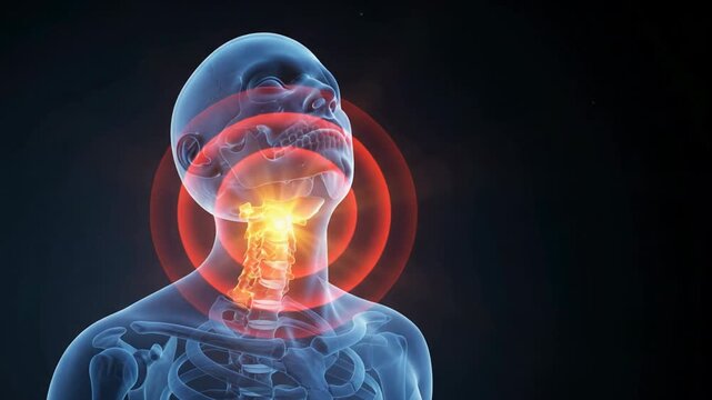 A blue-tinted 3D medical animation showing a transparent human skull and upper skeletal structure in a cinematic video clip.