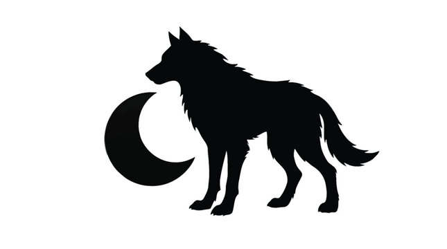 Majestic black wolf silhouette vector graphic featuring a detailed crescent moon illustration design