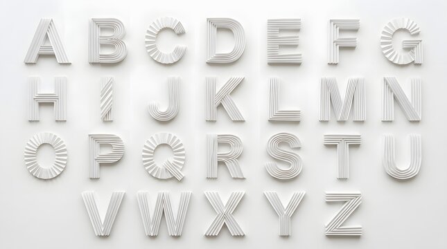 A full alphabet is carefully arranged in a grid formation with each letter presented as a three dimensional metallic silver shape on a plain white