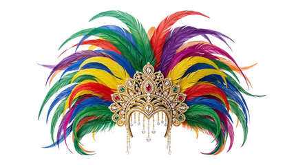 Ornate golden tiara with colorful feathers isolated on transparent background © PNG Studio 99