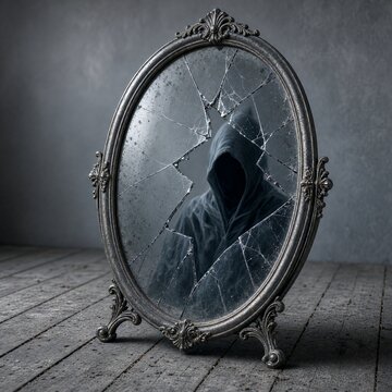 Dark Hooded Figure Reflected in Broken Oval Antique Mirror