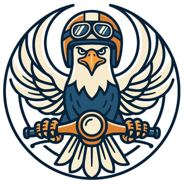 Vintage Biker Eagle Mascot Wearing Helmet and Goggles Riding Motorcycle Handlebar Emblem Vector