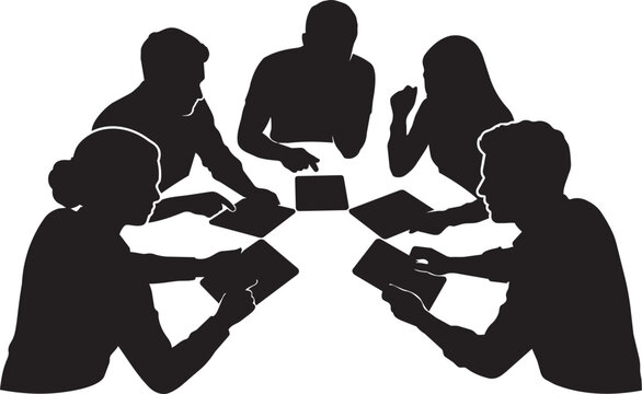 Business meeting silhouette vector, corporate team round table discussion, professional group conference graphic, black teamwork icon