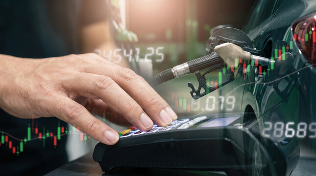 High oil price drives digital payment for fuel purchase. Global energy crisis. fuel gasoline gas power, supply demand, cost expensive increase, financial money inflation