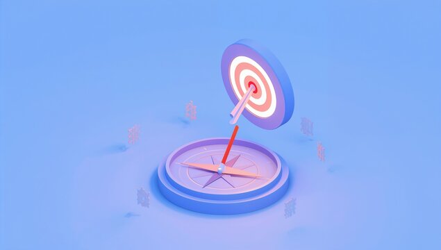 3D Illustration of a Target with Arrow Hitting Center on Compass Base