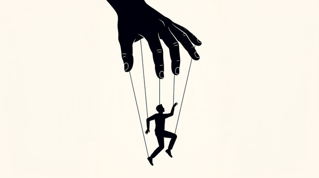 Hand manipulating a human marionette puppet isolated on transparent background