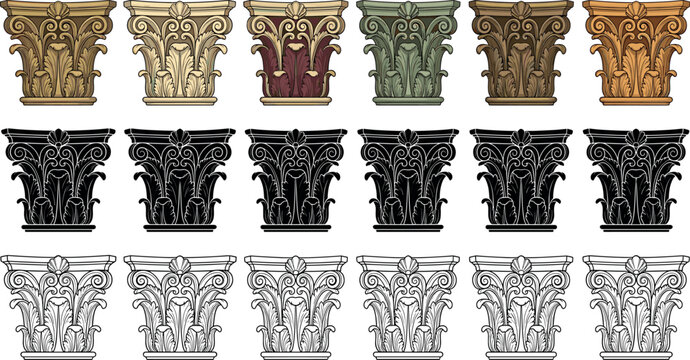 Vintage classical architectural column capitals vector set featuring ornate corinthian acanthus pillars detailed silhouettes and line art outlines